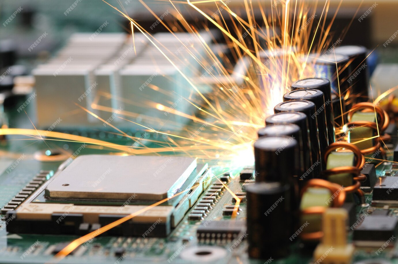 image d'un circuit éléctronique avec des étincelles pour représenter les problèmes liés à la sécurité